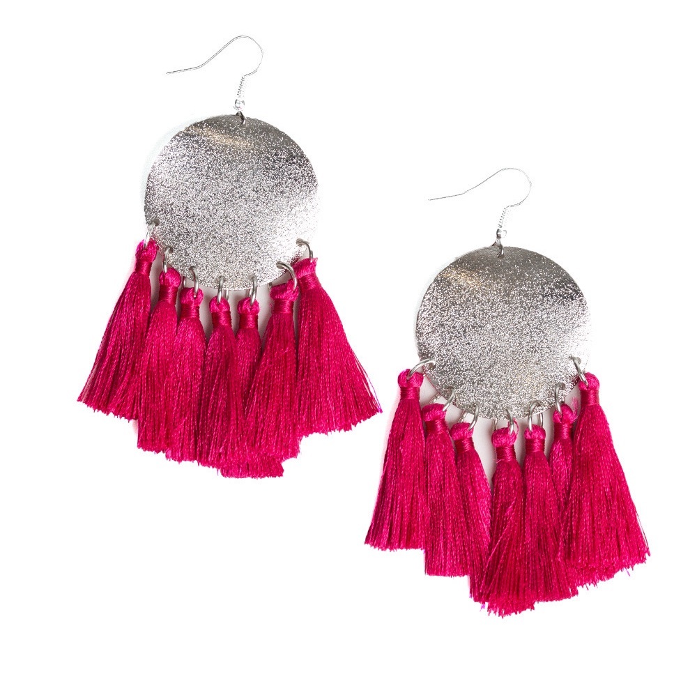 Hot pink and silver fringe earrings.